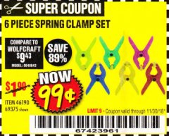 Harbor Freight Coupon 6 PIECE MICRO SPRING CLAMP SET Lot No. 46190/69375 Expired: 11/30/18 - $0.99