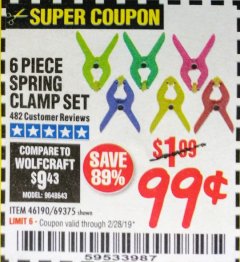 Harbor Freight Coupon 6 PIECE MICRO SPRING CLAMP SET Lot No. 46190/69375 Expired: 2/28/19 - $0.99