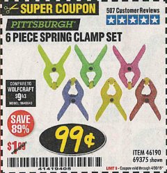 Harbor Freight Coupon 6 PIECE MICRO SPRING CLAMP SET Lot No. 46190/69375 Expired: 4/30/19 - $0.99