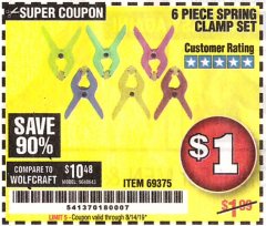 Harbor Freight Coupon 6 PIECE MICRO SPRING CLAMP SET Lot No. 46190/69375 Expired: 8/14/19 - $0.01