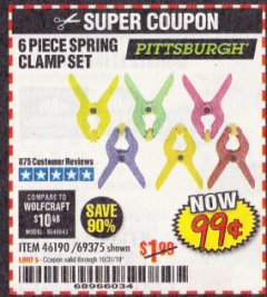 Harbor Freight Coupon 6 PIECE MICRO SPRING CLAMP SET Lot No. 46190/69375 Expired: 10/31/19 - $0.99