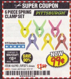 Harbor Freight Coupon PITTSBURGH MICRO SPRING CLAMP SET, 6-PIECE Lot No. 69375 Expired: 10/31/19 - $0.99