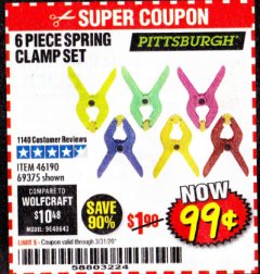 Harbor Freight Coupon 6 PIECE MICRO SPRING CLAMP SET Lot No. 46190/69375 Expired: 3/31/20 - $0.99