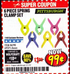 Harbor Freight Coupon PITTSBURGH MICRO SPRING CLAMP SET, 6-PIECE Lot No. 69375 Expired: 3/31/20 - $0.99