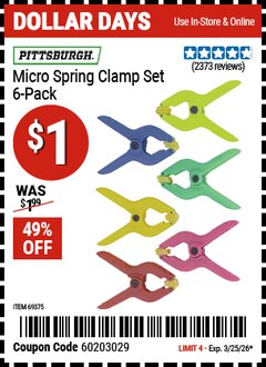 Harbor Freight Coupon PITTSBURGH MICRO SPRING CLAMP SET, 6-PIECE Lot No. 69375 Valid Thru: 3/25/26 - $1