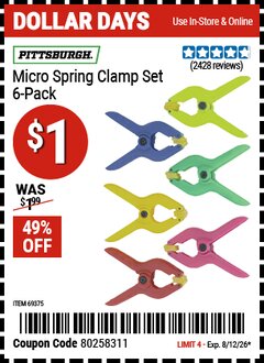 Harbor Freight Coupon PITTSBURGH MICRO SPRING CLAMP SET, 6-PIECE Lot No. 69375 Valid Thru: 8/12/26 - $1