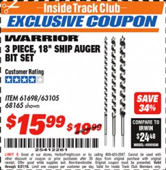 Harbor Freight ITC Coupon 3 PIECE, 18" SHIP AUGER BIT SET  Lot No. 61698/63105/68165 Expired: 8/31/18 - $15.99