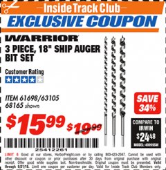 Harbor Freight ITC Coupon 3 PIECE, 18" SHIP AUGER BIT SET  Lot No. 61698/63105/68165 Expired: 8/31/18 - $15.99