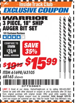 Harbor Freight ITC Coupon 3 PIECE, 18" SHIP AUGER BIT SET  Lot No. 61698/63105/68165 Expired: 8/31/19 - $15.99