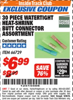 Harbor Freight ITC Coupon 30 PIECE WATERTIGHT HEAT-SHRINK BUTT CONNECTOR ASSORTMENT Lot No. 66729 Expired: 9/30/18 - $6.99