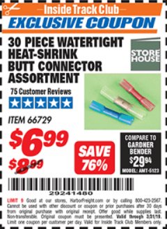 Harbor Freight ITC Coupon 30 PIECE WATERTIGHT HEAT-SHRINK BUTT CONNECTOR ASSORTMENT Lot No. 66729 Expired: 3/31/19 - $6.99