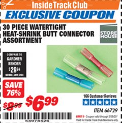 Harbor Freight ITC Coupon 30 PIECE WATERTIGHT HEAT-SHRINK BUTT CONNECTOR ASSORTMENT Lot No. 66729 Expired: 2/29/20 - $6.99