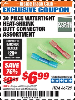 Harbor Freight ITC Coupon 30 PIECE WATERTIGHT HEAT-SHRINK BUTT CONNECTOR ASSORTMENT Lot No. 66729 Expired: 4/30/20 - $6.99
