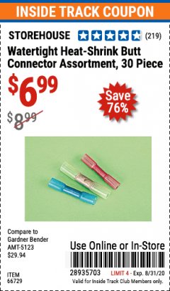 Harbor Freight ITC Coupon 30 PIECE WATERTIGHT HEAT-SHRINK BUTT CONNECTOR ASSORTMENT Lot No. 66729 Expired: 8/31/20 - $6.99