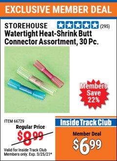 Harbor Freight ITC Coupon 30 PIECE WATERTIGHT HEAT-SHRINK BUTT CONNECTOR ASSORTMENT Lot No. 66729 Expired: 3/25/21 - $6.99