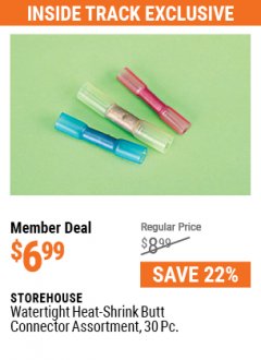 Harbor Freight ITC Coupon 30 PIECE WATERTIGHT HEAT-SHRINK BUTT CONNECTOR ASSORTMENT Lot No. 66729 Expired: 5/31/21 - $6.99