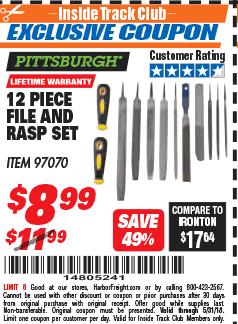 Harbor Freight ITC Coupon 12 PIECE FILE AND RASP SET Lot No. 97070 Expired: 5/31/18 - $8.99