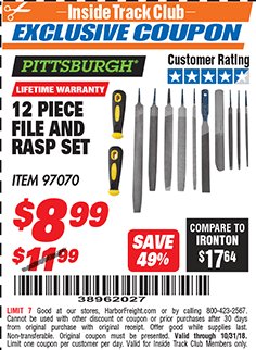 Harbor Freight ITC Coupon 12 PIECE FILE AND RASP SET Lot No. 97070 Expired: 10/31/18 - $8.99