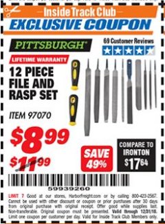 Harbor Freight ITC Coupon 12 PIECE FILE AND RASP SET Lot No. 97070 Expired: 12/31/18 - $0