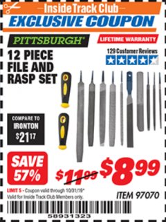 Harbor Freight ITC Coupon 12 PIECE FILE AND RASP SET Lot No. 97070 Expired: 10/31/19 - $8.99