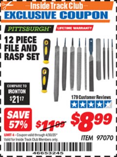 Harbor Freight ITC Coupon 12 PIECE FILE AND RASP SET Lot No. 97070 Expired: 4/30/20 - $8.99