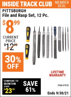 Harbor Freight ITC Coupon 12 PIECE FILE AND RASP SET Lot No. 97070 Expired: 9/30/21 - $8.99