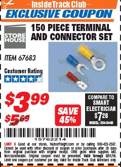 Harbor Freight ITC Coupon 150 PIECE TERMINAL AND CONNECTOR SET Lot No. 67683 Expired: 5/31/18 - $3.99