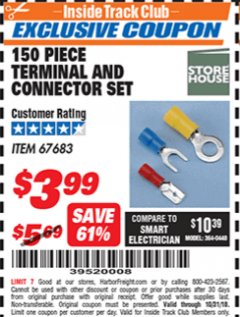 Harbor Freight ITC Coupon 150 PIECE TERMINAL AND CONNECTOR SET Lot No. 67683 Expired: 10/31/18 - $3.99