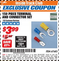 Harbor Freight ITC Coupon 150 PIECE TERMINAL AND CONNECTOR SET Lot No. 67683 Expired: 12/31/18 - $3.99