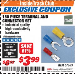Harbor Freight ITC Coupon 150 PIECE TERMINAL AND CONNECTOR SET Lot No. 67683 Expired: 9/30/19 - $3.99