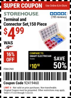 Harbor Freight Coupon 150 PIECE TERMINAL AND CONNECTOR SET Lot No. 67683 Expired: 1/22/23 - $4.99