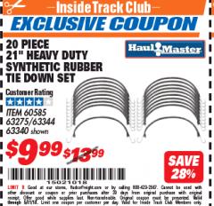 Harbor Freight ITC Coupon 20 PIECE, 21" HEAVY DUTY SYNTHETIC RUBBER TIE DOWN SET Lot No. 63340/60585/63275/63344 Expired: 5/31/18 - $9.99