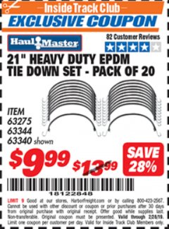 Harbor Freight ITC Coupon 20 PIECE, 21" HEAVY DUTY SYNTHETIC RUBBER TIE DOWN SET Lot No. 63340/60585/63275/63344 Expired: 2/28/19 - $9.99