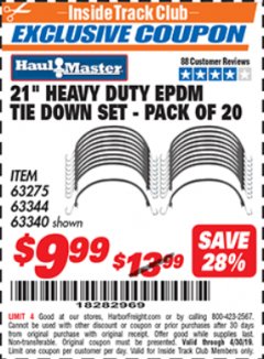Harbor Freight ITC Coupon 20 PIECE, 21" HEAVY DUTY SYNTHETIC RUBBER TIE DOWN SET Lot No. 63340/60585/63275/63344 Expired: 4/30/19 - $9.99