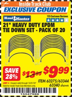 Harbor Freight ITC Coupon 20 PIECE, 21" HEAVY DUTY SYNTHETIC RUBBER TIE DOWN SET Lot No. 63340/60585/63275/63344 Expired: 12/31/19 - $9.99