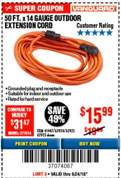 Harbor Freight Coupon 50FT.X14GAUGE OUTDOOR EXTENSION CORD Lot No. 41447/62924/62925 Expired: 6/24/18 - $15.99