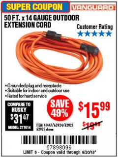 Harbor Freight Coupon 50FT.X14GAUGE OUTDOOR EXTENSION CORD Lot No. 41447/62924/62925 Expired: 8/20/18 - $15.99