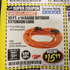 Harbor Freight Coupon 50FT.X14GAUGE OUTDOOR EXTENSION CORD Lot No. 41447/62924/62925 Expired: 11/30/18 - $15.99