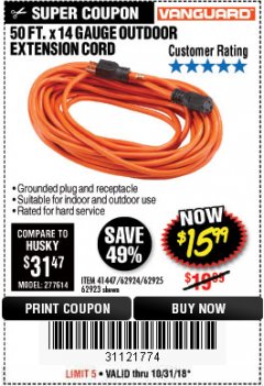 Harbor Freight Coupon 50FT.X14GAUGE OUTDOOR EXTENSION CORD Lot No. 41447/62924/62925 Expired: 10/31/18 - $15.99