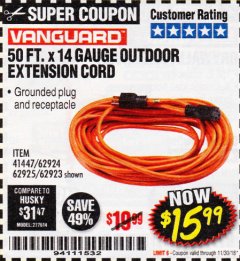 Harbor Freight Coupon 50FT.X14GAUGE OUTDOOR EXTENSION CORD Lot No. 41447/62924/62925 Expired: 11/30/18 - $15.99