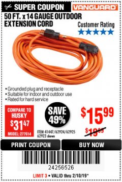 Harbor Freight Coupon 50FT.X14GAUGE OUTDOOR EXTENSION CORD Lot No. 41447/62924/62925 Expired: 2/10/19 - $15.99