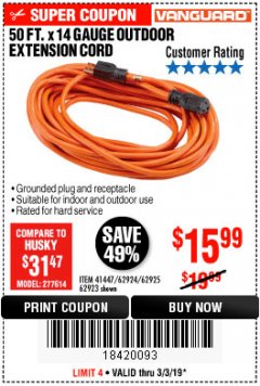 Harbor Freight Coupon 50FT.X14GAUGE OUTDOOR EXTENSION CORD Lot No. 41447/62924/62925 Expired: 3/3/19 - $15.99