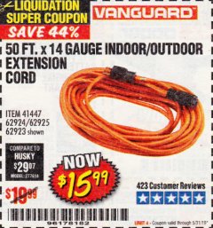 Harbor Freight Coupon 50FT.X14GAUGE OUTDOOR EXTENSION CORD Lot No. 41447/62924/62925 Expired: 5/31/19 - $15.99