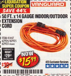Harbor Freight Coupon 50FT.X14GAUGE OUTDOOR EXTENSION CORD Lot No. 41447/62924/62925 Expired: 5/31/19 - $15.99