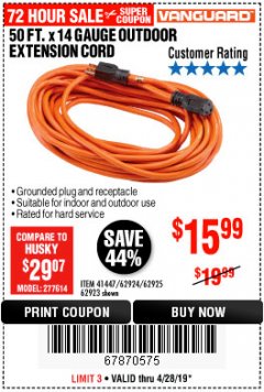 Harbor Freight Coupon 50FT.X14GAUGE OUTDOOR EXTENSION CORD Lot No. 41447/62924/62925 Expired: 4/28/19 - $15.99