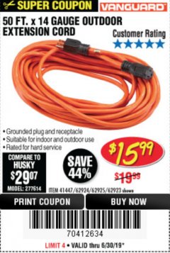 Harbor Freight Coupon 50FT.X14GAUGE OUTDOOR EXTENSION CORD Lot No. 41447/62924/62925 Expired: 6/30/19 - $15.99