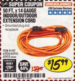 Harbor Freight Coupon 50FT.X14GAUGE OUTDOOR EXTENSION CORD Lot No. 41447/62924/62925 Expired: 6/30/19 - $15.99