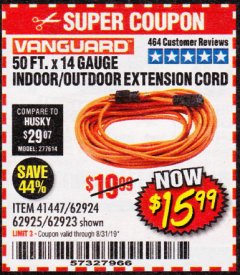 Harbor Freight Coupon 50FT.X14GAUGE OUTDOOR EXTENSION CORD Lot No. 41447/62924/62925 Expired: 8/31/19 - $15.99