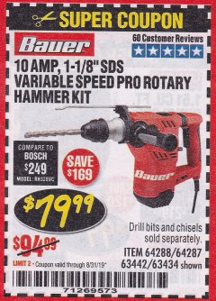Harbor Freight Coupon BAUER 10 AMP, 1-1/8" SDS VARIABLE SPEED PRO ROTARY HAMMER KIT Lot No. 64287/64288 Expired: 8/31/19 - $79.99