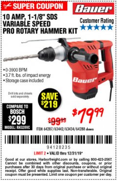Harbor Freight Coupon BAUER 10 AMP, 1-1/8" SDS VARIABLE SPEED PRO ROTARY HAMMER KIT Lot No. 64287/64288 Expired: 12/31/19 - $79.99